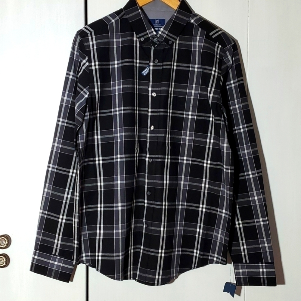 George-NWT  Mens Longsleeve Black white Plaid Button front Shirt Sz.Medium